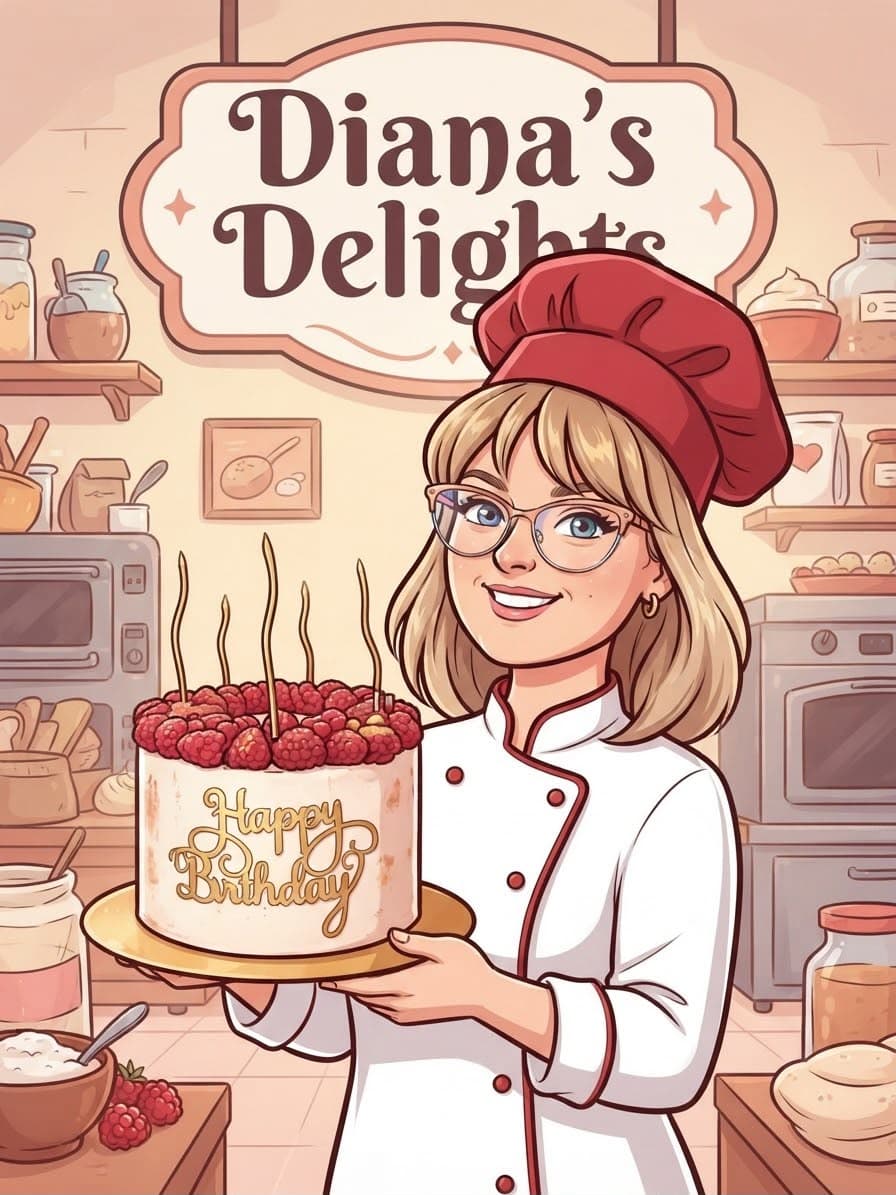 Diana, în bucătăria Diana's Delights, cu un tort aniversar